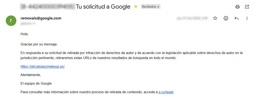 Captura de aviso de Google Removals sobre eliminación de contenido por clonación de web.