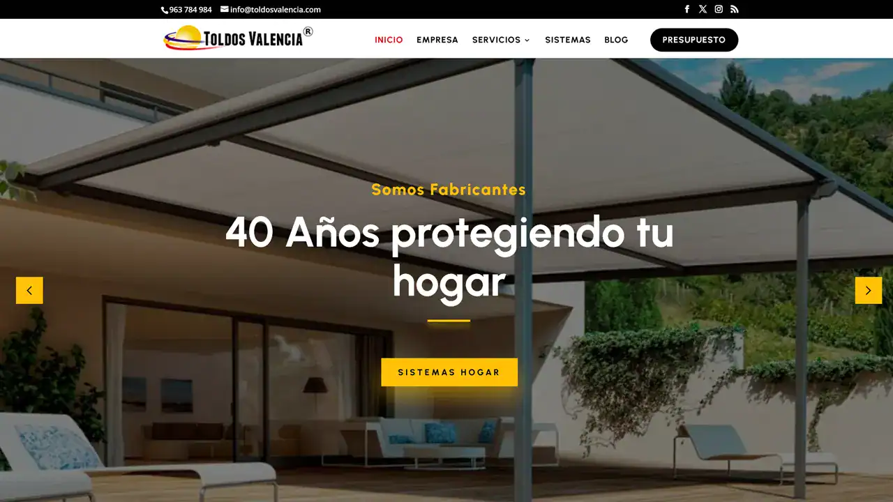 Diseño y desarrollo web corporativo para Toldos Valencia por Reciclart Estudio.